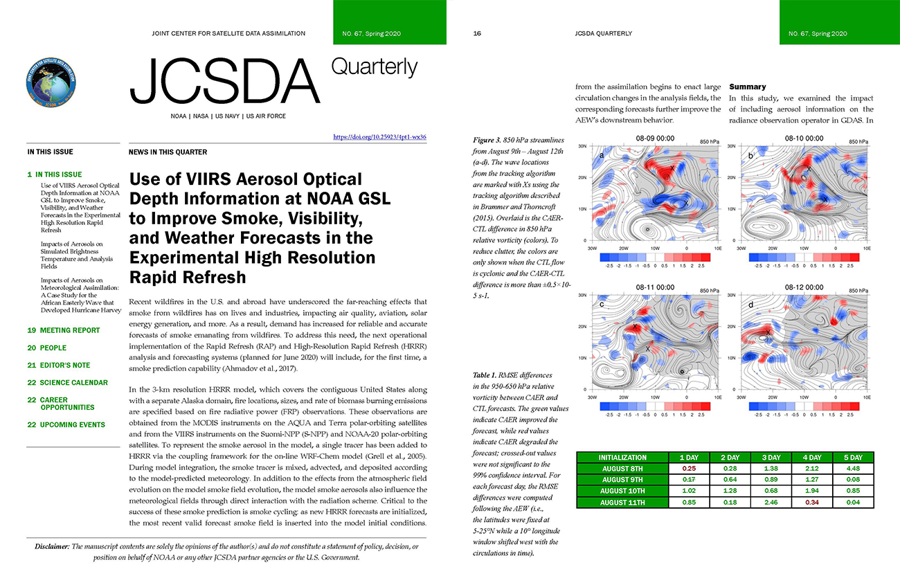 National Oceanic and Atmospheric Administration Joint Center for Satellite Data Assimination 2020 Spring Issue Newsletter